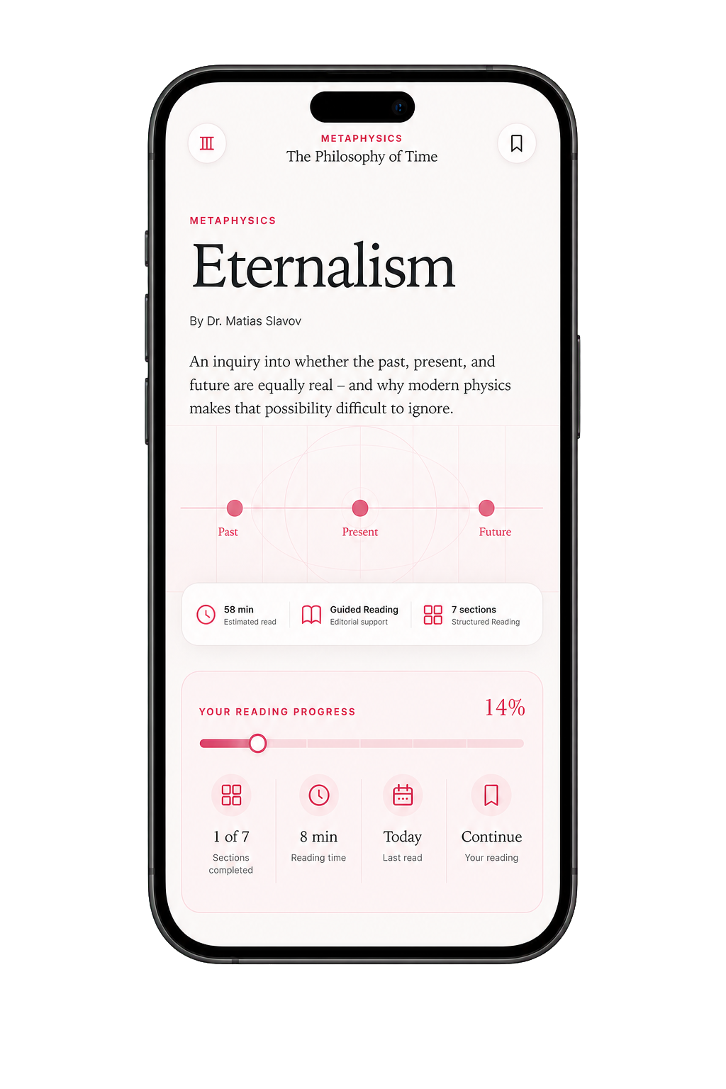 The School of Philosophy app displaying a guided reading of Eternalism